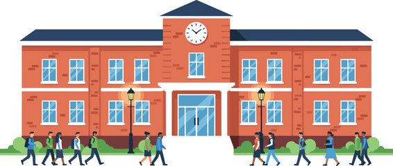 Naklejka premium School Building Exterior Flat Vector Illustration with Students Walking Campus Education Architecture Scene