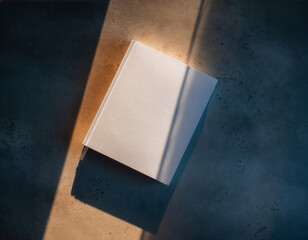 Minimalist white book cover mockup on gray concrete surface with dramatic shadows
