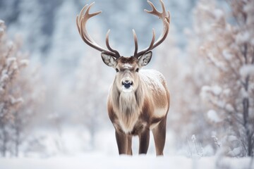 Naklejka premium Deer stag with large antlers standing in a tranquil snow covered forest during winter