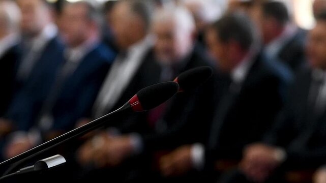 A close-up of a microphone used for speech or presentation at an event, conference, or official meeting.
