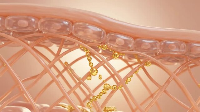 Microscopic skin layer structure with liquid nutrient absorption through dermal cells in cosmetic science and dermatology research visualization