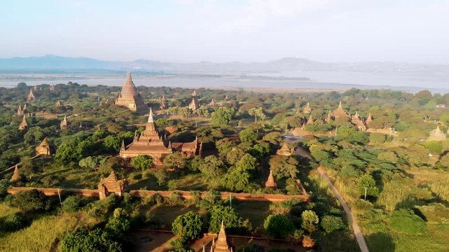 Mesmerizing views of Bagan Myanmar reveal ancient temples surrounded by vibrant greenery and tranquil waterways.