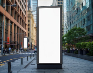 Blank vertical billboard mockup on a busy city street with modern architecture