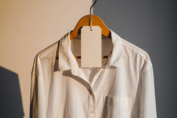 White shirt on wooden hanger with blank price tag mockup