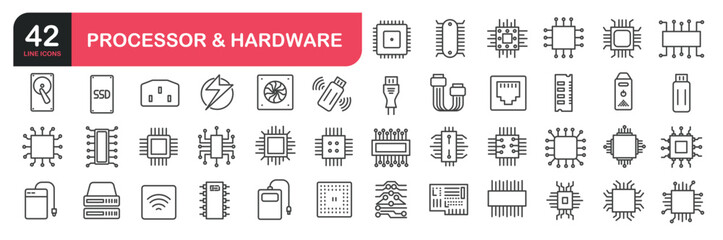 Set of line icons related to processor, chip, sim card, memory, RAM. Outline icons collection. Editable stroke. Vector illustration
