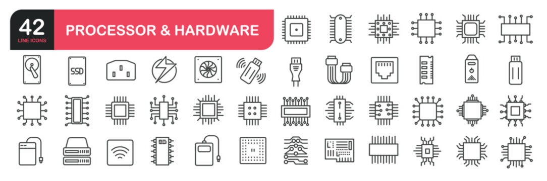 Set of line icons related to processor, chip, sim card, memory, RAM. Outline icons collection. Editable stroke. Vector illustration