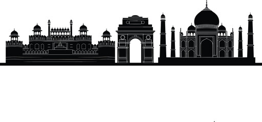  India Landmark Skyline Silhouette with Taj Mahal India Gate and Historic Architecture Monuments in Black