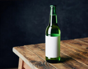Blank green glass beer bottle mockup with white label on rustic wooden table