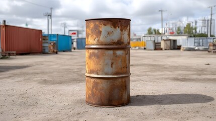 Obraz premium A heavily rusted steel drum stands prominently in an outdoor industrial yard with blurred shipping containers and structures in the background