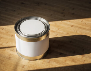 Blank metal tin can mockup with white label on bamboo wood surface
