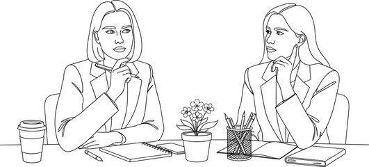 Fototapeta premium Two professional businesswomen discussing ideas at office desk with coffee, notebook and plant line art vector illustration