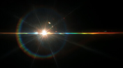 Bright Sunburst with Faint Rainbow Lens Flare and Spectral Ghosting on Black Background. Optical Light Dispersion Effect for Cinematic Photography Overlay © licwit