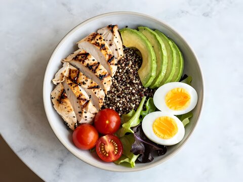 Colorful High Protein Buddha Bowl with Grilled Chicken: Top view of a colorful high protein buddha bowl with grilled chicken breast, quinoa, avocado slices, cherry tomatoes, boiled egg, & mixed greens
