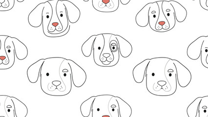 Fototapeta premium Seamless pattern of white dog faces with floppy ears and red noses, creating a playful and friendly pet-oriented decorative background.