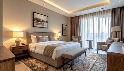Elegant Hotel Room Interior with Neutral Tones and Natural Light.