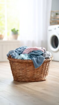 Laundry basket overflowing with clothes in bright laundry room
