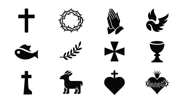 Collection of 12 minimalist christian symbols and icons on white background