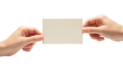 Obraz premium Two hands holding a blank rectangular ivory paper card horizontally, isolated on white background