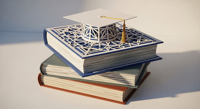 A pixel art rendering of a stack of books with a graduation cap on top, symbolizing education and achievement.