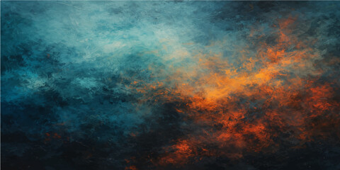 Obraz premium A dark abstract grunge background texture features a bright sun shining through blue storm clouds and smoke over a deep sea backdrop with space for design