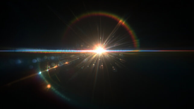 Bright Sunburst with Faint Rainbow Lens Flare and Spectral Ghosting on Black Background. Optical Light Dispersion Effect for Cinematic Photography Overlay
