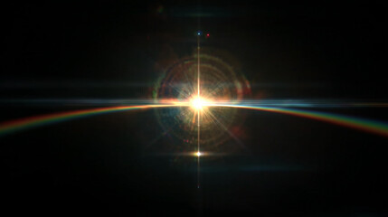 Fototapeta premium Bright Sunburst with Faint Rainbow Lens Flare and Spectral Ghosting on Black Background. Optical Light Dispersion Effect for Cinematic Photography Overlay