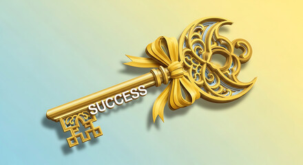 A detailed pixel art illustration of an ornate golden key with intricate filigree and a decorative ribbon bow