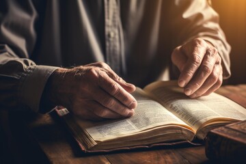 Obraz premium Hands of an old man turning pages of a bible, studying religious text