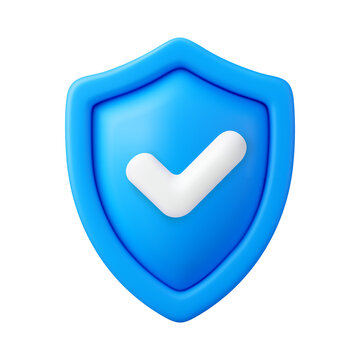 Blue 3D security shield with white check mark icon showing safety and protection isolated on transparent background, png