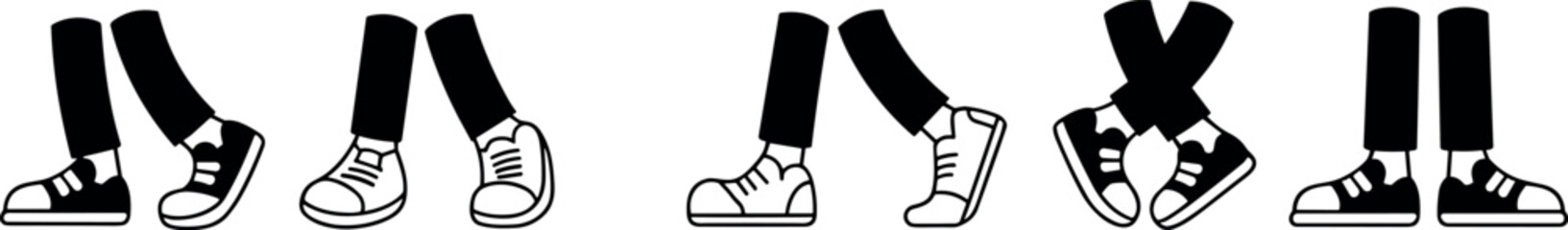 Set of retro cartoon character legs wearing various sneakers and shoes in different walking and standing poses for animation. © Lunavera art