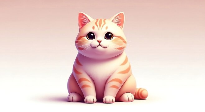 A high-quality 3D digital illustration of an adorable, chubby orange tabby cat sitting with a friendly expression. The artwork features soft lighting, a minimalist peach-colored background, and a "kaw