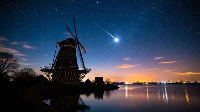 Night windmill landscape.