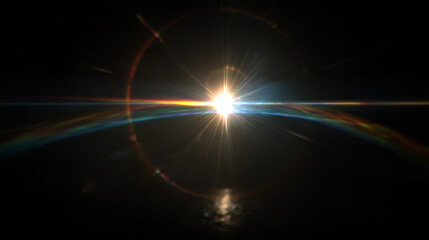 Obraz premium Bright Sunburst with Faint Rainbow Lens Flare and Spectral Ghosting on Black Background. Optical Light Dispersion Effect for Cinematic Photography Overlay