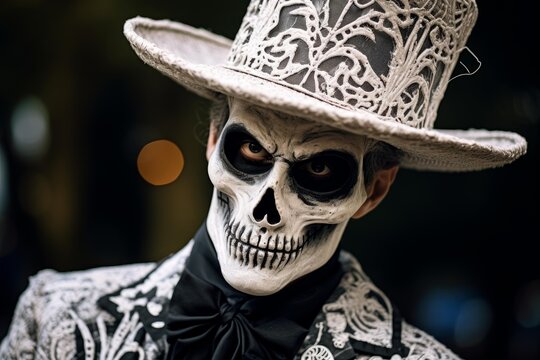 Person wearing elaborate skull face paint and an ornate top hat, celebrating day of the dead