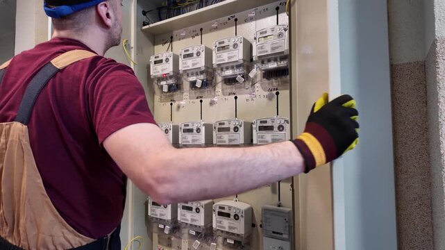 Electrician working on a modern electricity power meter station in a building.