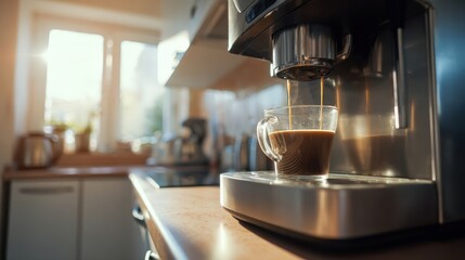 Coffee machine pouring coffee into glass mug