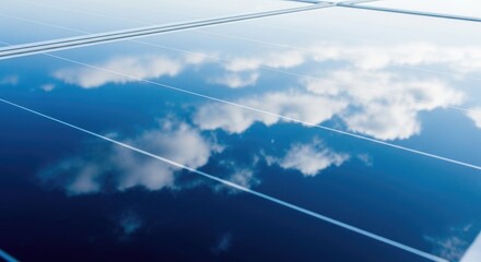 Modern solar panels reflecting a brilliant blue sky with fluffy clouds, symbolizing sustainable energy and clean technology for a brighter future