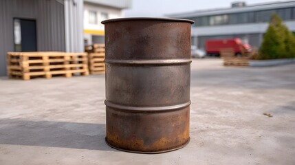 Obraz premium A rusty metal barrel sits on a concrete surface outside an industrial building with pallets nearby