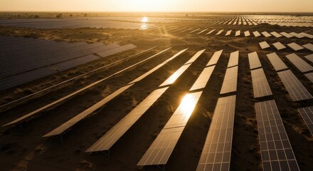 Expansive solar panel farm captures the golden light of sunset, symbolizing renewable energy future