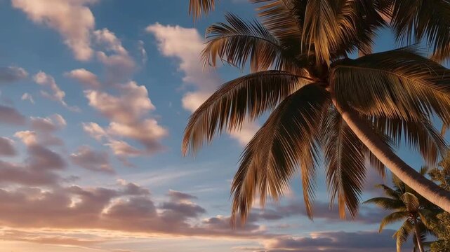 A tropical sunset palms vista presents a magical moment when day turns to night, embodying the essence of peace and tranquility, making it a compelling choice for brands aiming to evoke wanderlust