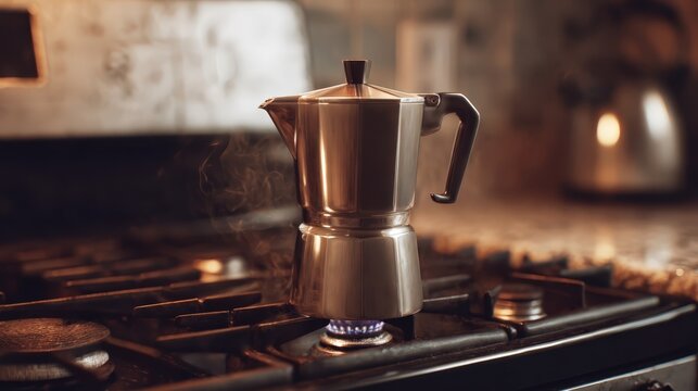 Moka pot brewing coffee on a gas stove