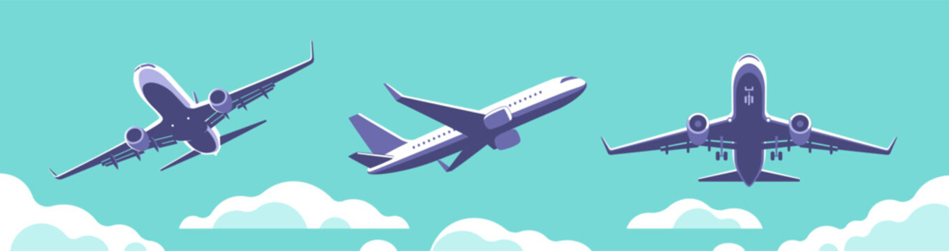 A set of airplanes gaining altitude among the clouds. Vector illustration in a minimalistic style.