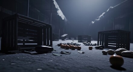 Desolate market interior with neglected produce and wooden crates in a stark, dramatic light
