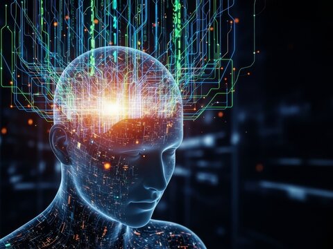 Surreal metaphor of digital burnout with human head overloaded by glowing data streams