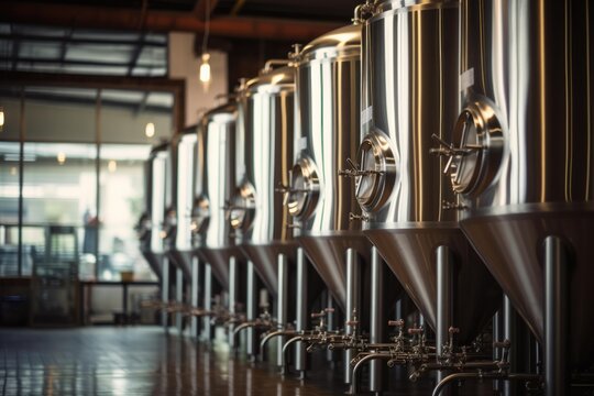 Stainless steel conical fermenters line up in a modern brewery producing alcoholic beverages
