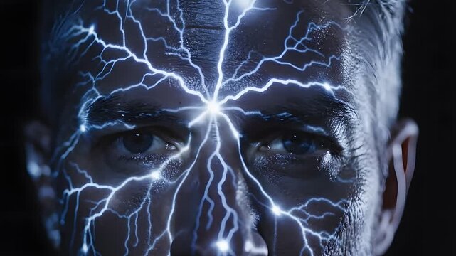 Close-up portrait of a man's face with blue lightning bolts illuminating his skin against a dark background.