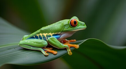 Naklejka premium Vibrant red eyed tree frog perched on a leaf