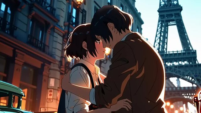 Couple Embracing in Parisian Street Scene.