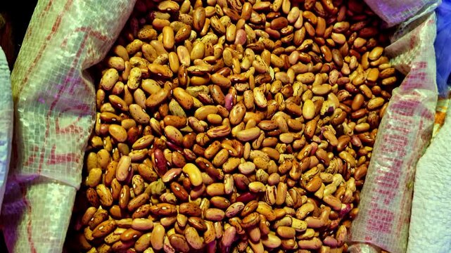Top-down view of a large woven sack filled with dried pinto beans or kidney beans or\ Rajma. The shot captures the unique mottled brown pattern and smooth texture of the legumes in a bulk market displ