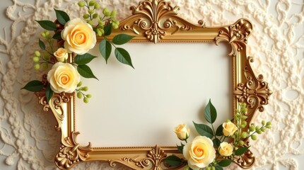 Elegant gold frame adorned with delicate yellow roses and lush greenery